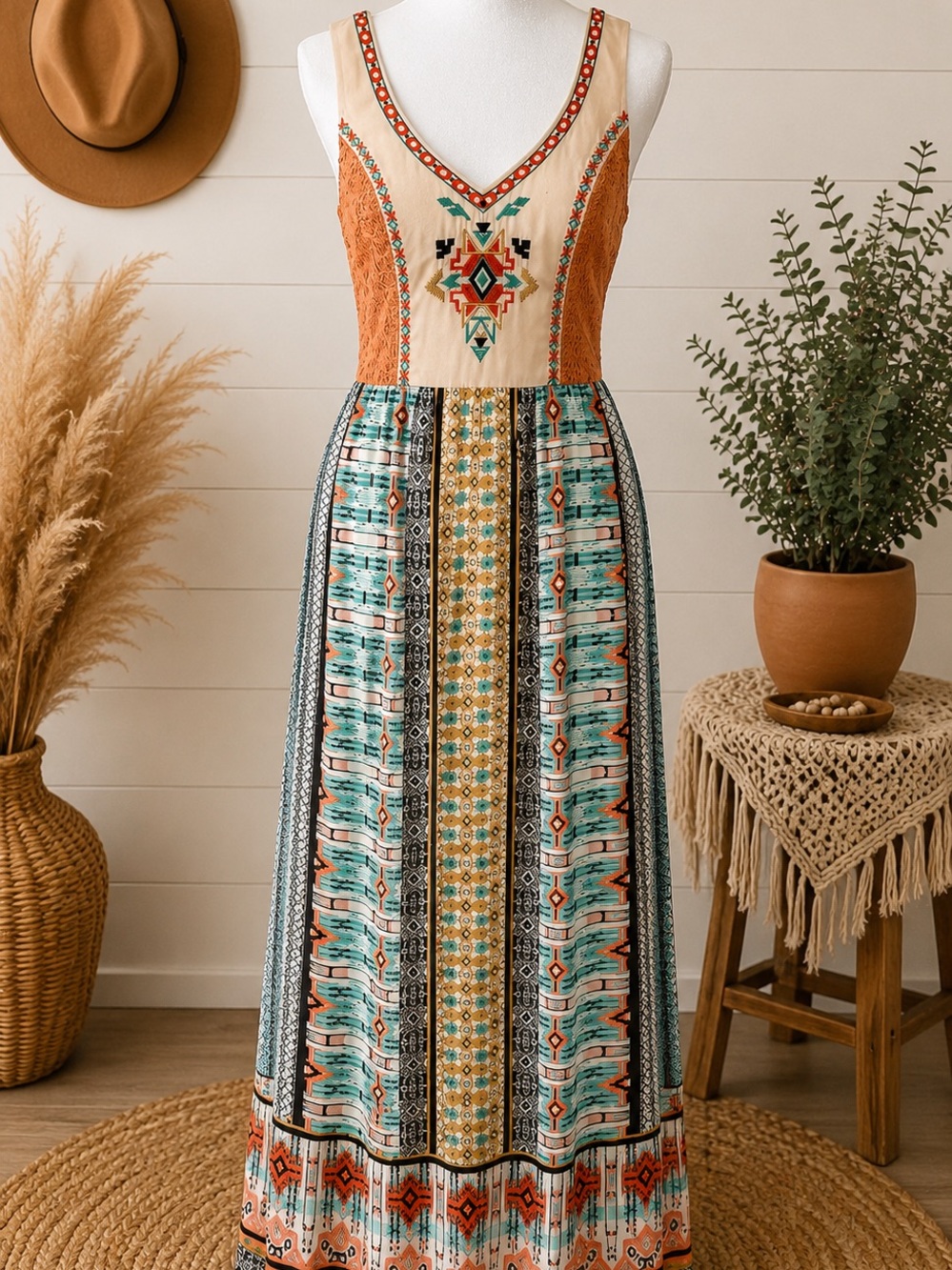 Flying Tomato Cream, Teal & Rust Embroidered Boho Maxi Dress
